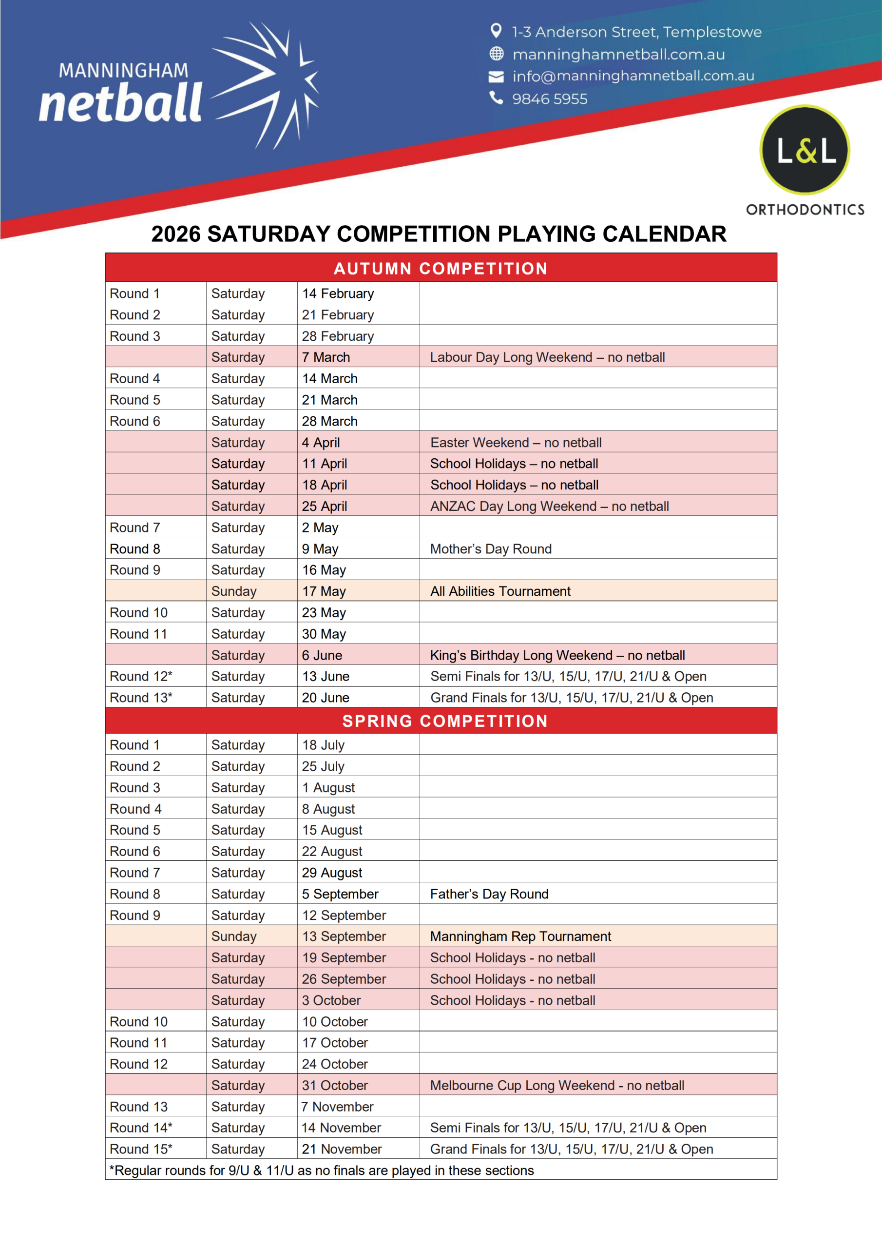 Playing Calendar - Spring 2026